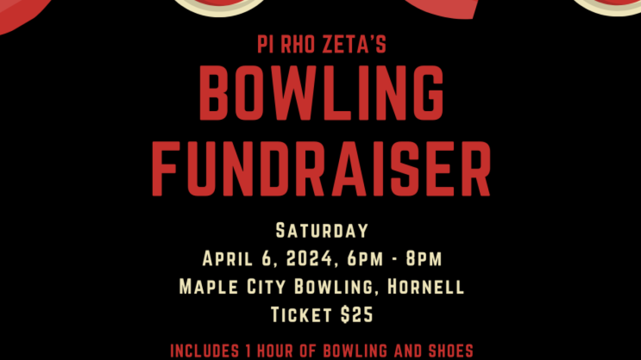 Pi Rho Zeta's bowling fundraiser, April 6th from 6-8pm