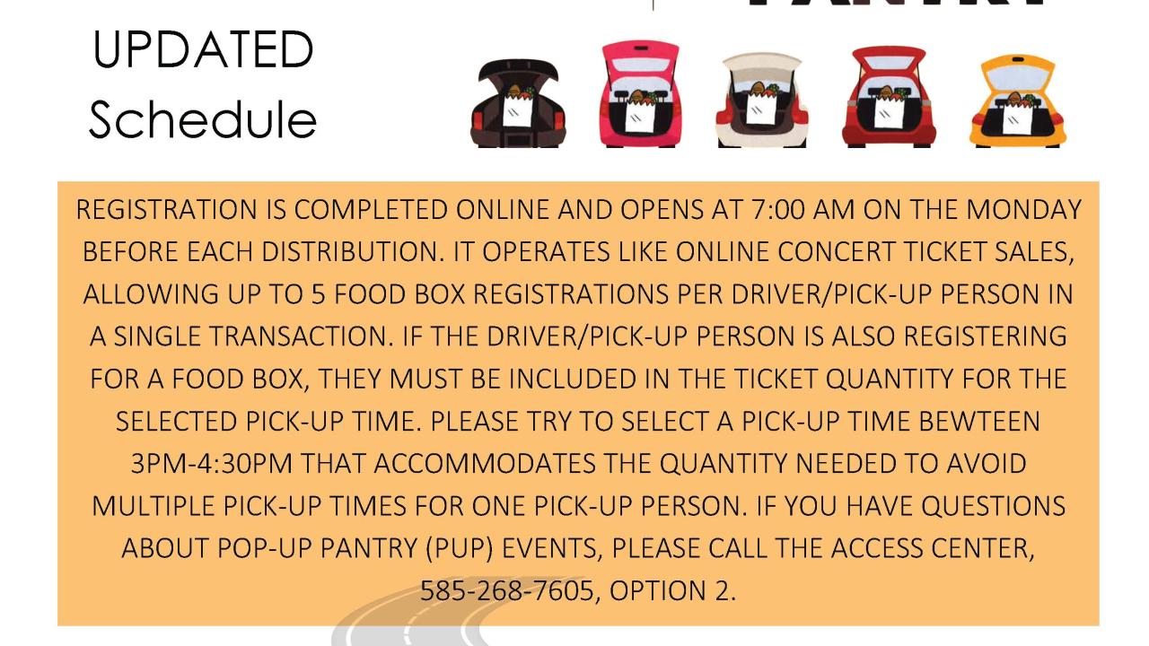 REGISTRATION IS COMPLETED ONLINE AND OPENS AT 7:00 AM ON THE MONDAY BEFORE EACH DISTRIBUTION. IT OPERATES LIKE ONLINE CONCERT TICKET SALES, ALLOWING UP TO 5 FOOD BOX REGISTRATIONS PER DRIVER/PICK-UP PERSON IN A SINGLE TRANSACTION. IF THE DRIVER/PICK-UP PERSON IS ALSO REGISTERING FOR A FOOD BOX, THEY MUST BE INCLUDED IN THE TICKET QUANTITY FOR THE SELECTED PICK-UP TIME. PLEASE TRY TO SELECT A PICK-UP TIME BEWTEEN 3PM-4:30PM THAT ACCOMMODATES THE QUANTITY NEEDED TO AVOID MULTIPLE PICK-UP TIMES FOR ONE PICK-UP