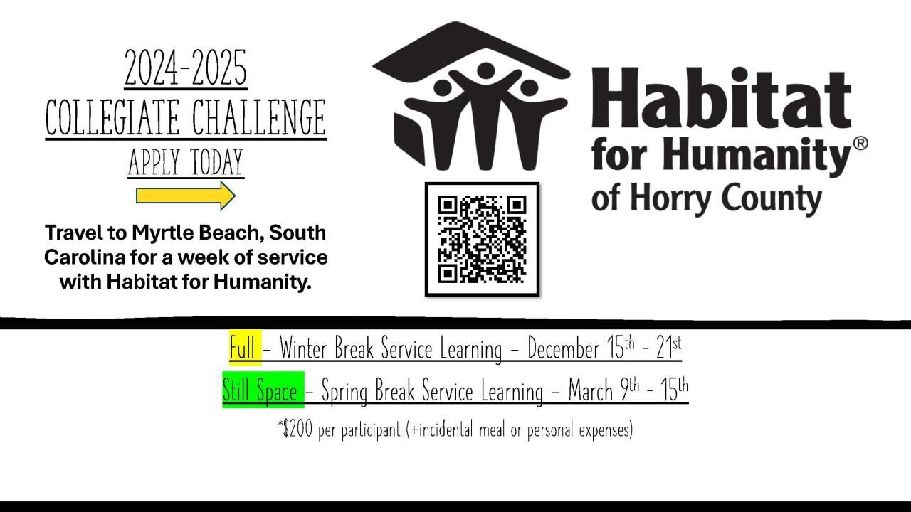 Habitat for humanity 2024 Alternative Spring Break Service Opportunity. Myrtle Beach, SC Spring Break March 9th - 15th