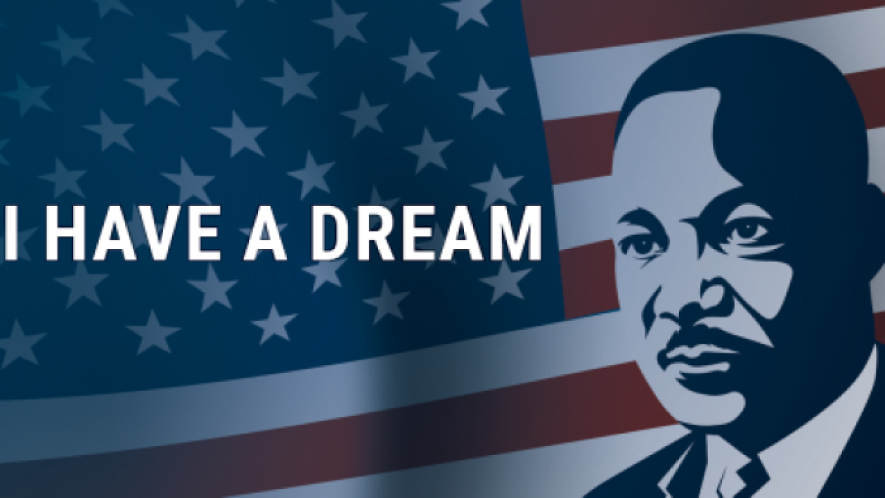 Martin Luther King image in front of an American flag