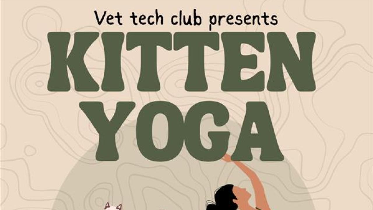 A poster for the Vet Tech Club's Kitten Yoga. Classes will be held Saturday November 8 at 1 or 2pm at the college farm. Reservations are required. 