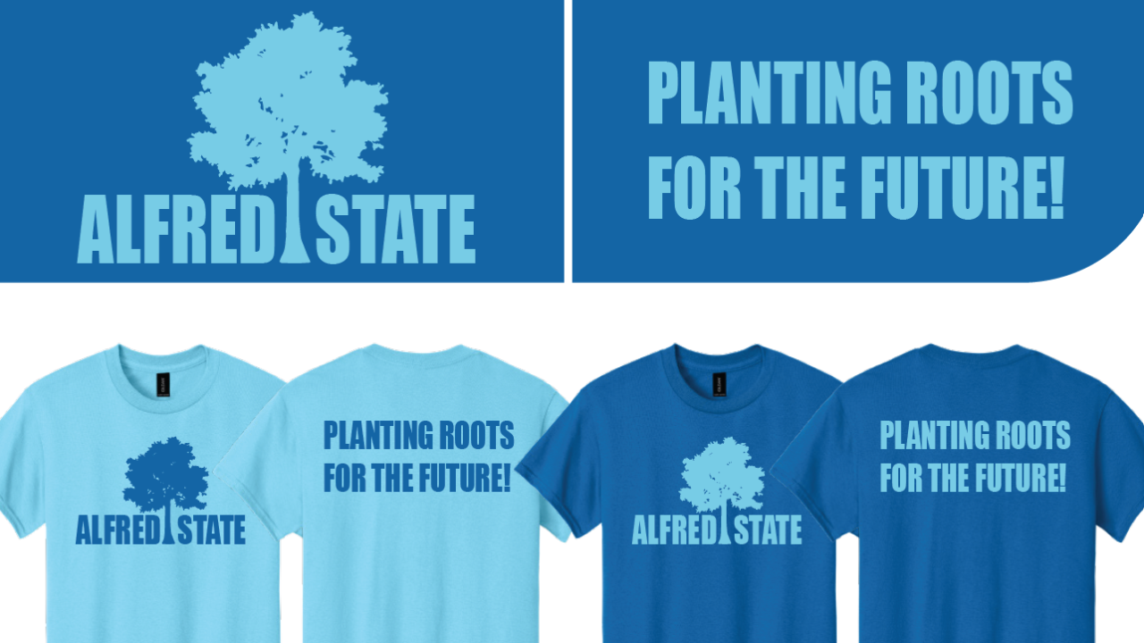 Image of two t-shirts in blue with Alfred State (image of tree separating the two words) on the front and the phrase Planting Roots for the Future on the back. 