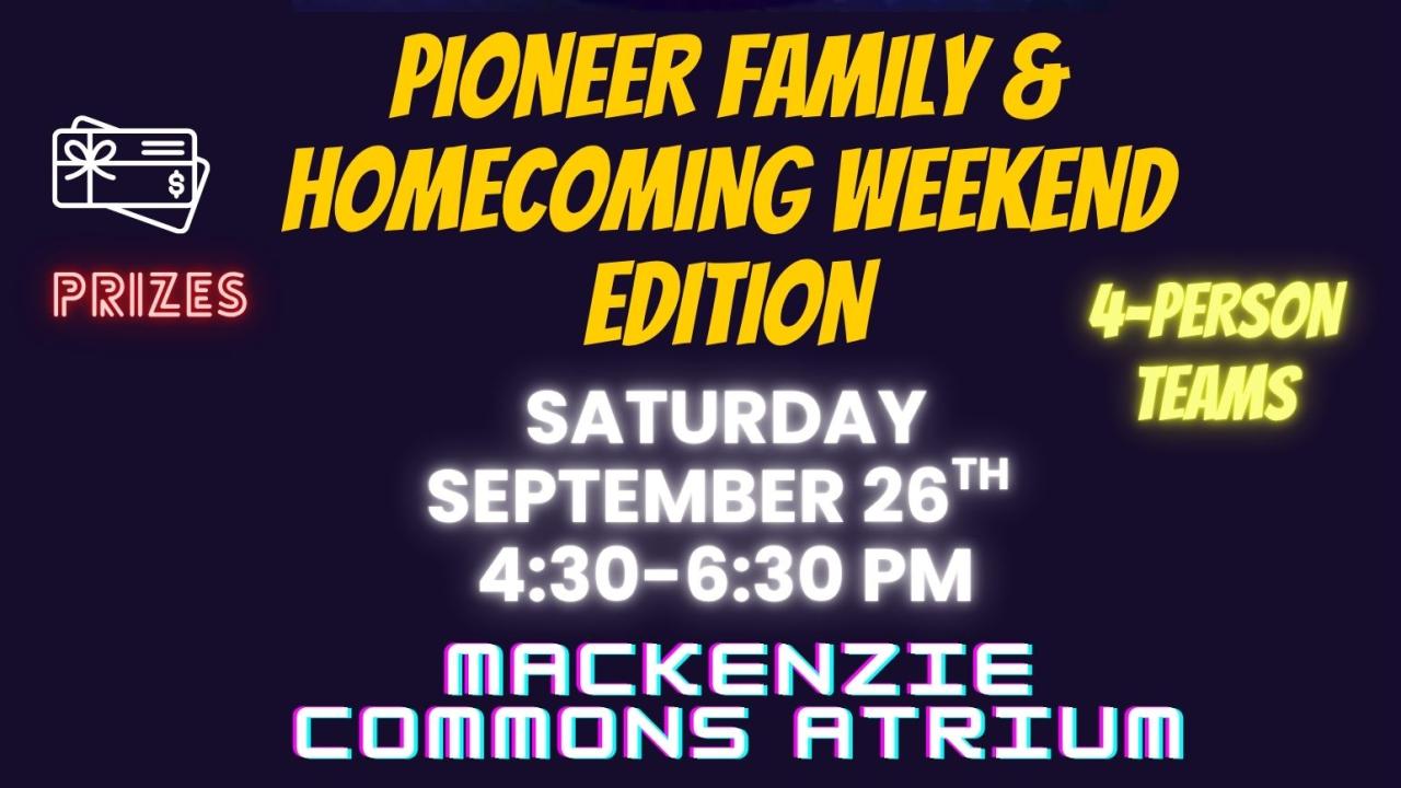 Blue background with event details for Campus Feud at MacKenzie Commons Atrium on Saturday September 26th from 4:30-6:30 pm for 4 person teams