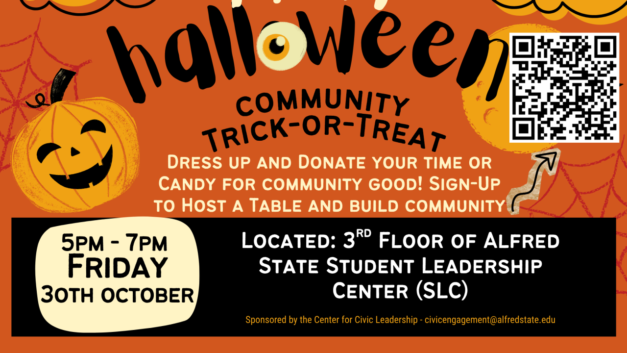 orange, black, and white poster with pumpkins and bats sharing text that highlights our Halloween community trick or treat event date, location, and table sign up QR details